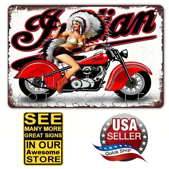 Metal Tin Sign • Pinup Girl in Chief’s Headdress Riding Indian Chief Motorcycle - Picture 1 of 10